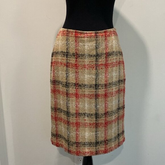 TALBOTS PLAID SKIRT WOOL BOUCLE TAN/RED/BLACK Size 6 - Picture 3 of 13